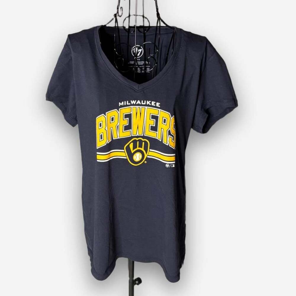 ‘47 Brand Womens Milwaukee Brewers V-Neck Graphic T-Shirt Navy Blue Size L